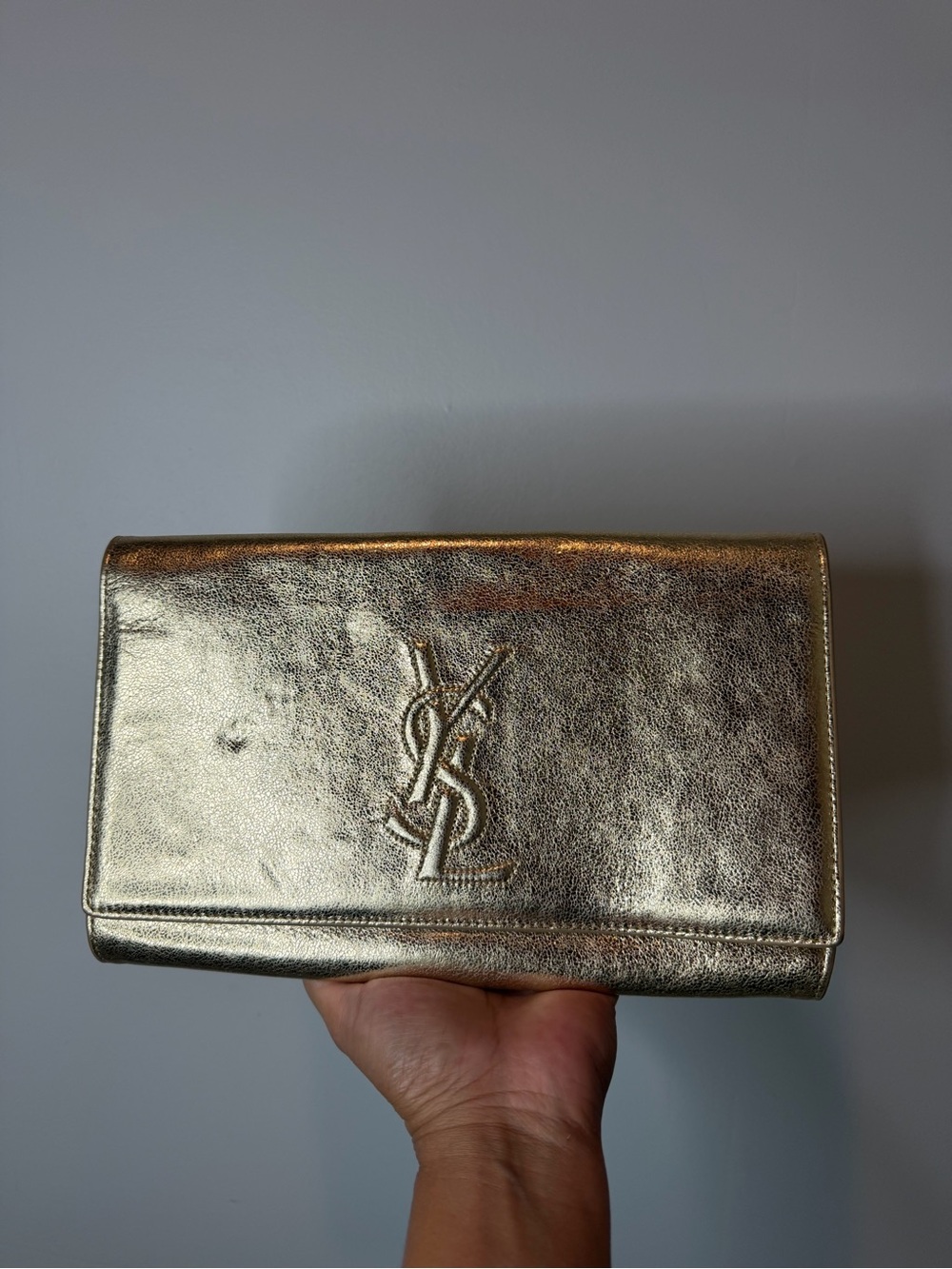 Saint Laurent Metallic Gold Leather YSL Foldover Clutch